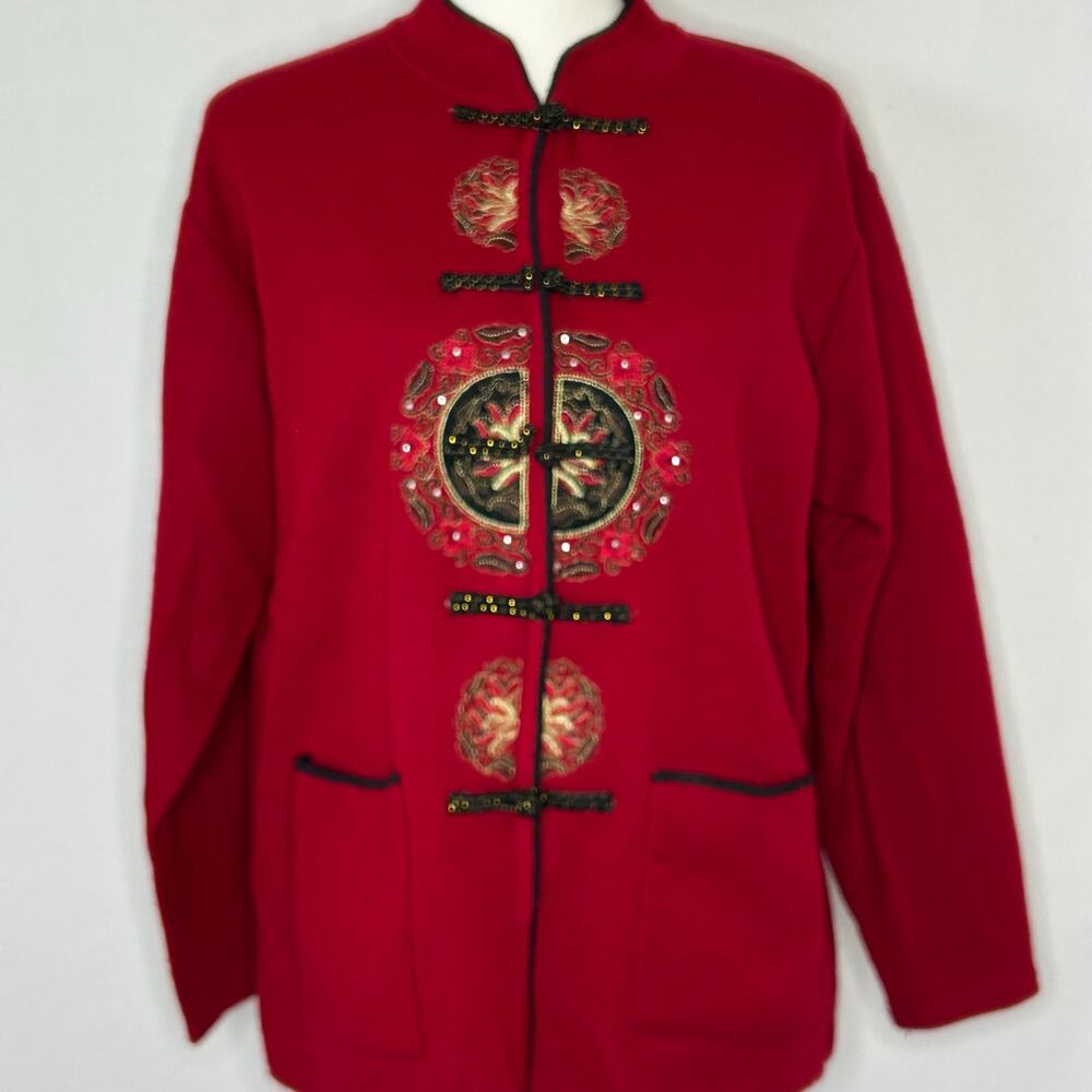 Vintage Chinese Embroidered Sweater Jacket Cardigan Red Black Frog Closures 2